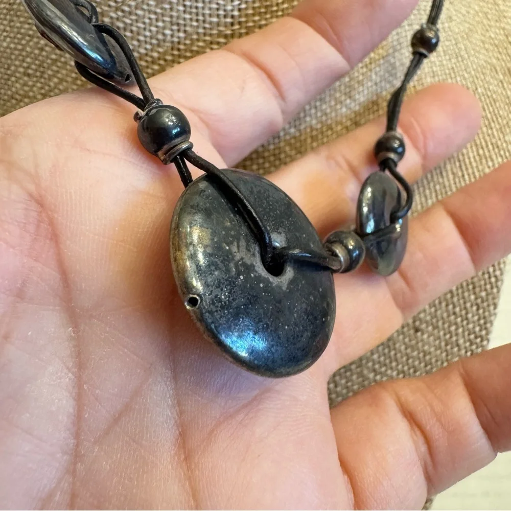 Sterling Silver Round Puffer Circle Discs Leather Cord Necklace Made in Italy - Picture 6 of 16